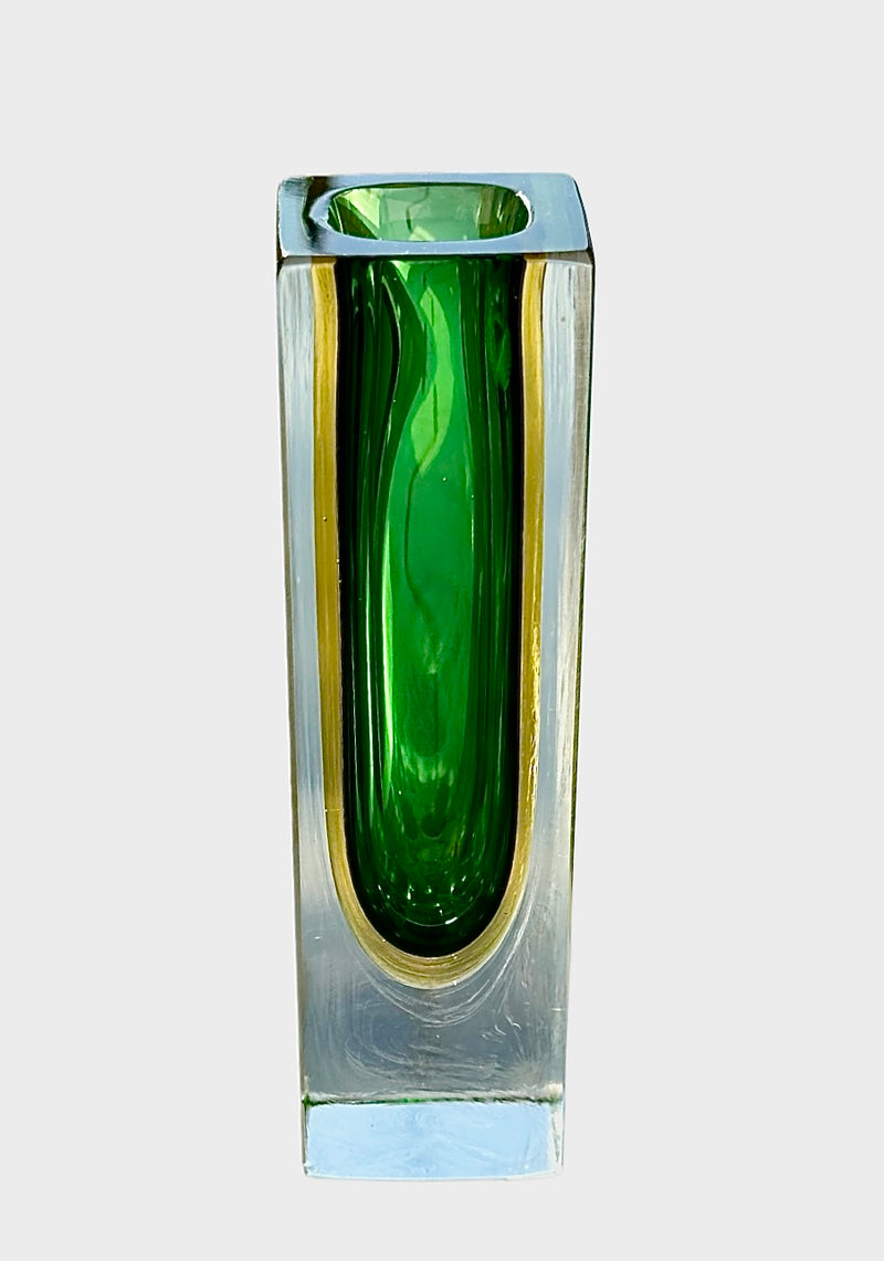 Flavio Poli Green & Yellow Murano Sommerso Block Vase,Seguso Vetri D'Arte part label, 1950s ,1960s ,  Seguso Vetri D'Arte part label