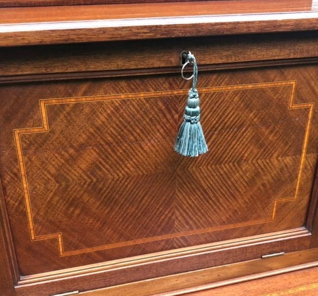 Edwardian Bonheur de Jour Desk – Mahogany ; Satinwood, Gilded Leather Inlay | Antique Writing Desk on Casters
