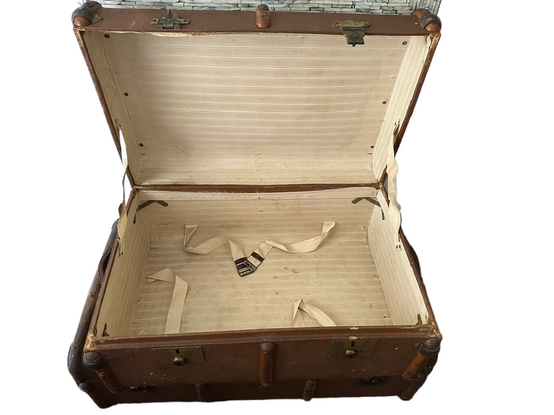 Antique Bentwood Canvas Steamer Trunks with Leather Handles
