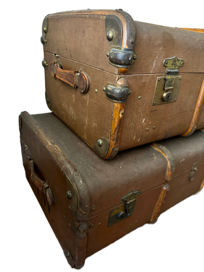 Antique Bentwood Canvas Steamer Trunks with Leather Handles