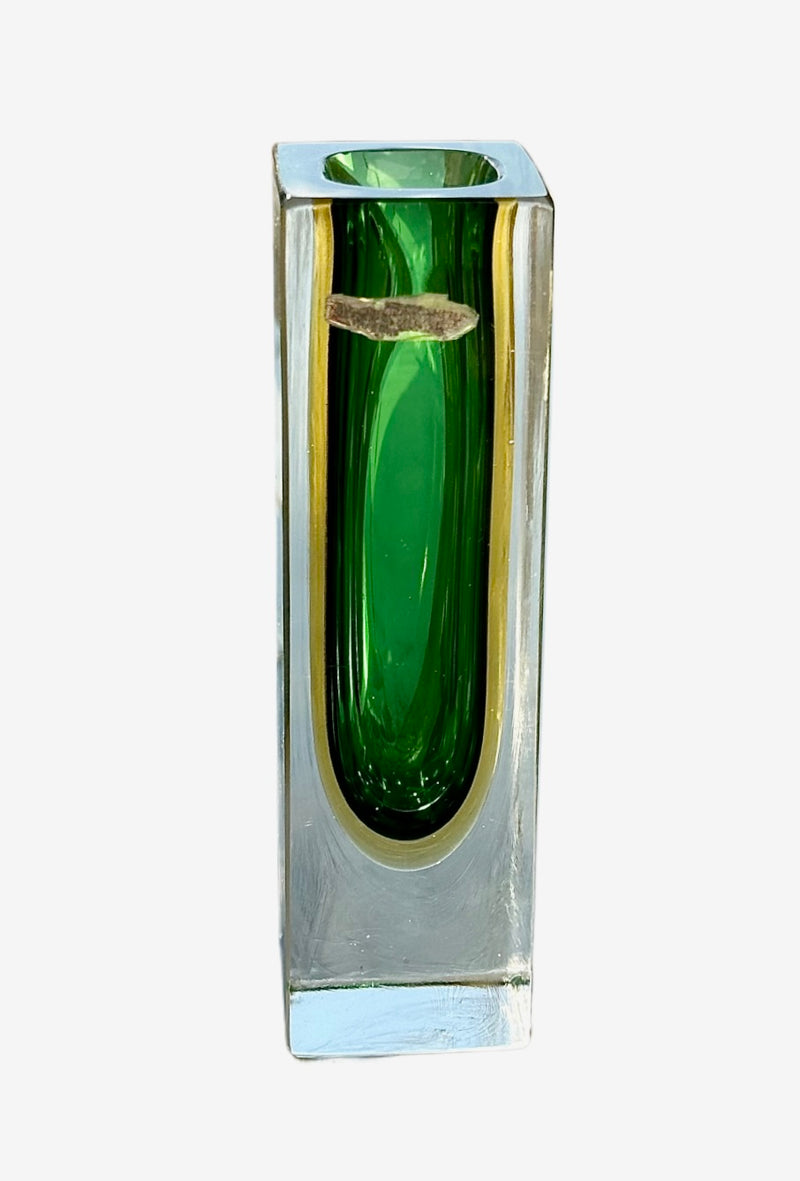 Flavio Poli Green & Yellow Murano Sommerso Block Vase,Seguso Vetri D'Arte part label, 1950s , ,  Seguso Vetri D'Arte part label