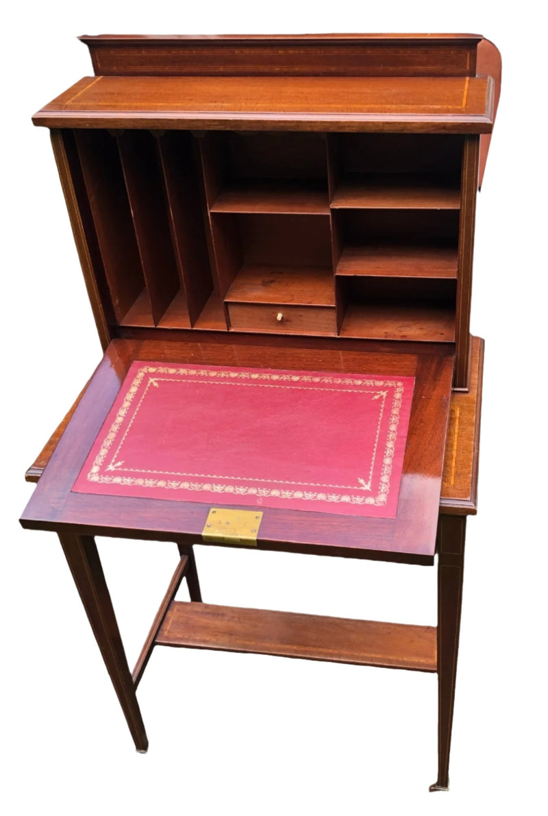 Edwardian Bonheur de Jour Desk – Mahogany ; Satinwood, Gilded Leather Inlay | Antique Writing Desk on Casters