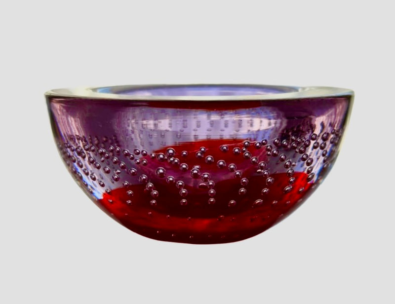 Galliano Ferro Murano Bullicante or Controlled Bubble Lilacand Red Glass Bowl/Dish.1960s