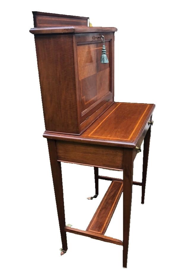 Edwardian Bonheur de Jour Desk – Mahogany ; Satinwood, Gilded Leather Inlay | Antique Writing Desk on Casters