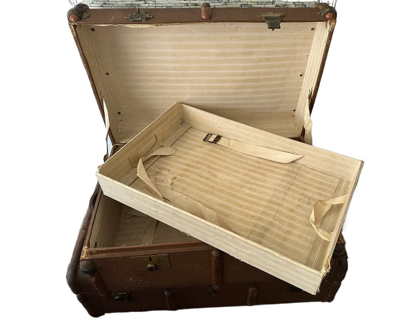 Antique Bentwood Canvas Steamer Trunks with Leather Handles