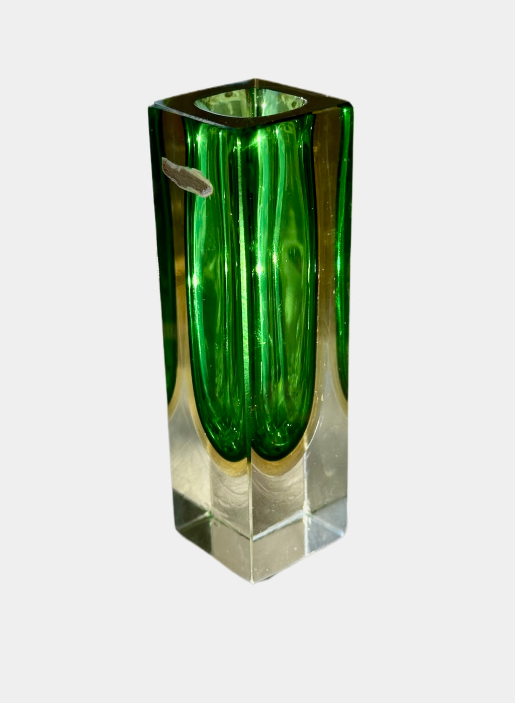 Flavio Poli Green & Yellow Murano Sommerso Block Vase,Seguso Vetri D'Arte part label, 1950s ,1960s , Seguso Vetri D'Arte part label