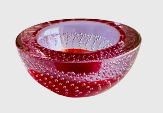 Galliano Ferro Murano Bullicante or Controlled Bubble Lilacand Red Glass Bowl/Dish.1960s
