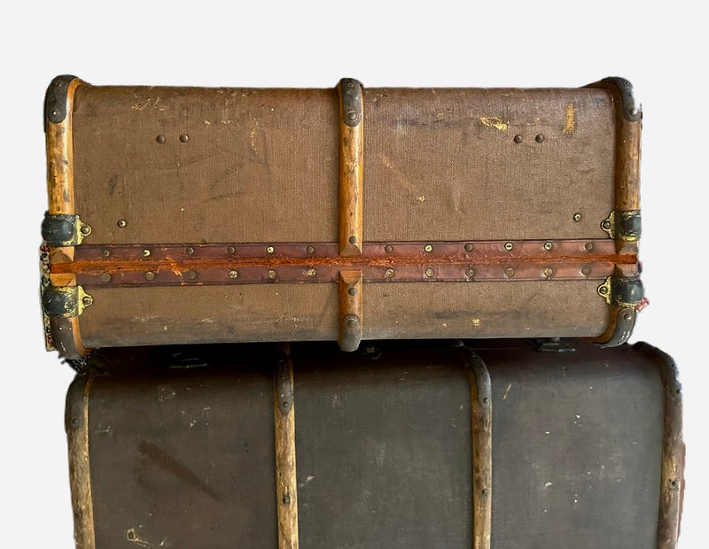 Antique Bentwood Canvas Steamer Trunks with Leather Handles