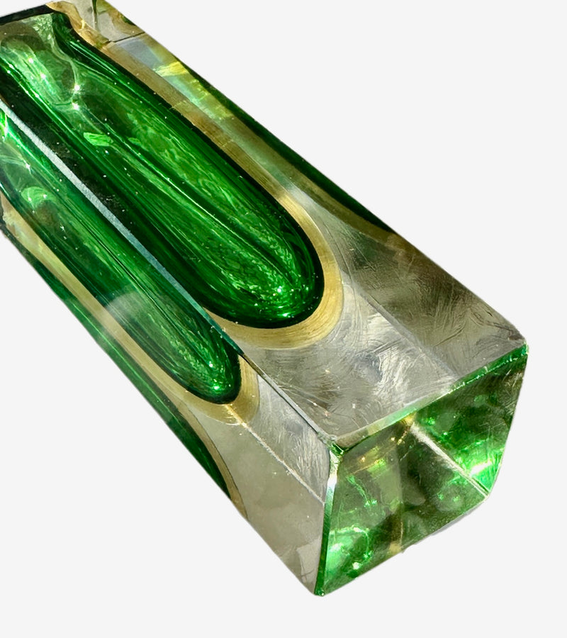 Flavio Poli Green & Yellow Murano Sommerso Block Vase,Seguso Vetri D'Arte part label, 1950s ,1960s ,  Seguso Vetri D'Arte part label