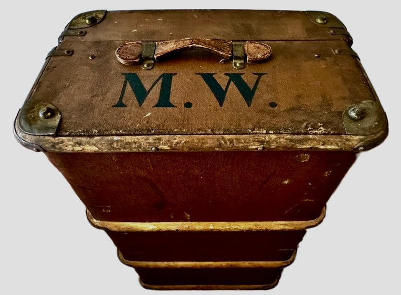 Antique Bentwood Canvas Steamer Trunks with Leather Handles