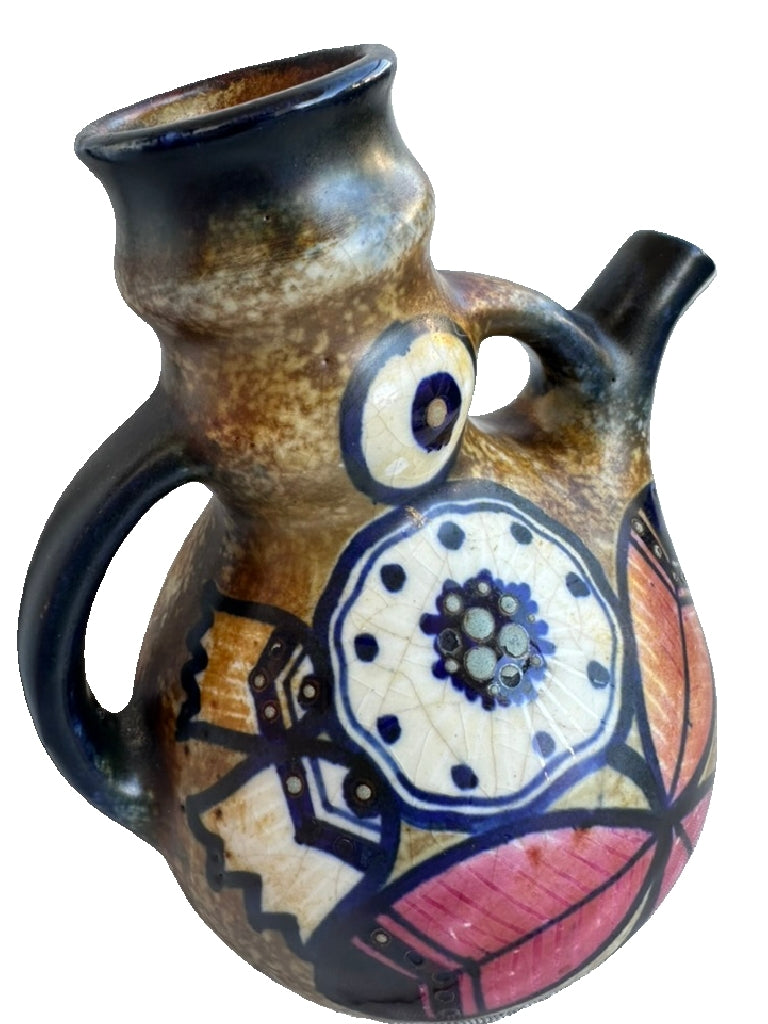 Vintage Italian Studio Pottery Jug – Hand-Painted & Incised Floral Design, Multi-Matte Glaze, 1950s–70s | Mid-Century Modern | Worldwide Shipping