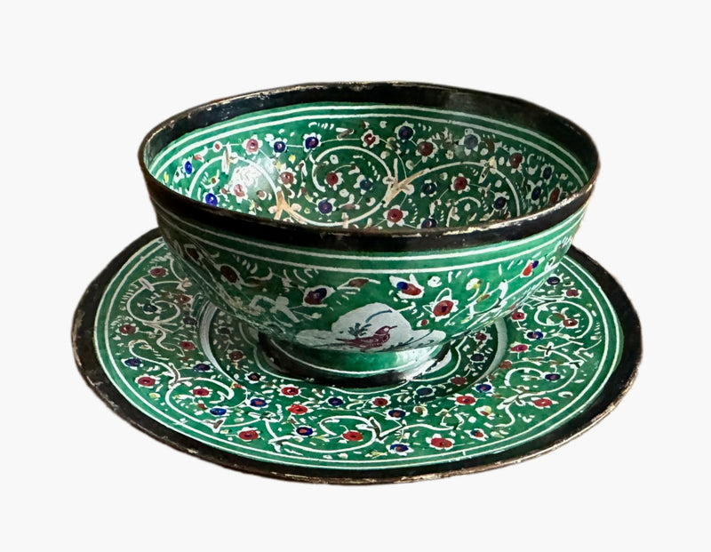 Vintage Persian hand-painted enamel bowl and plate.