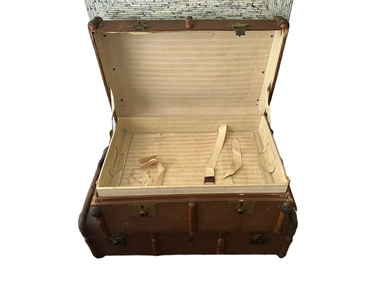 Antique Bentwood Canvas Steamer Trunks with Leather Handles