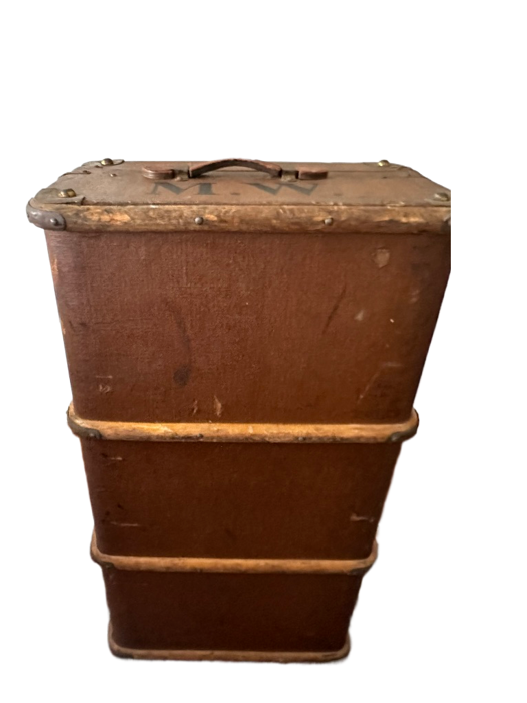 Two Antique Bentwood Canvas Steamer Trunks with Leather Handles