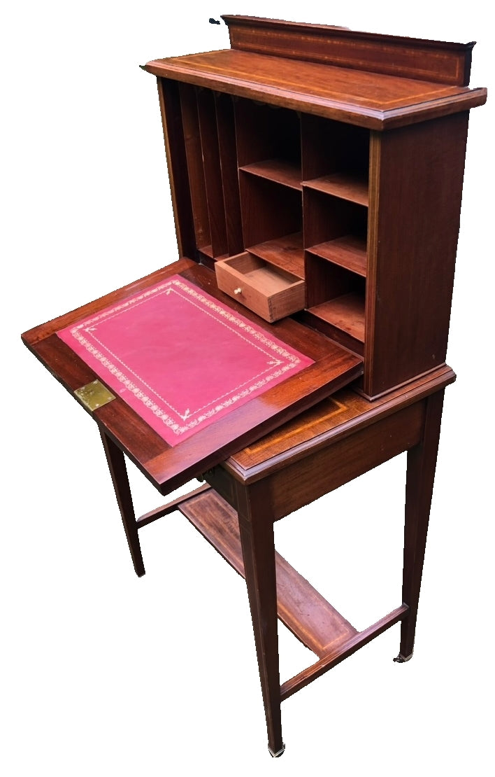 Edwardian Bonheur de Jour Desk – Mahogany ; Satinwood, Gilded Leather Inlay | Antique Writing Desk on Casters