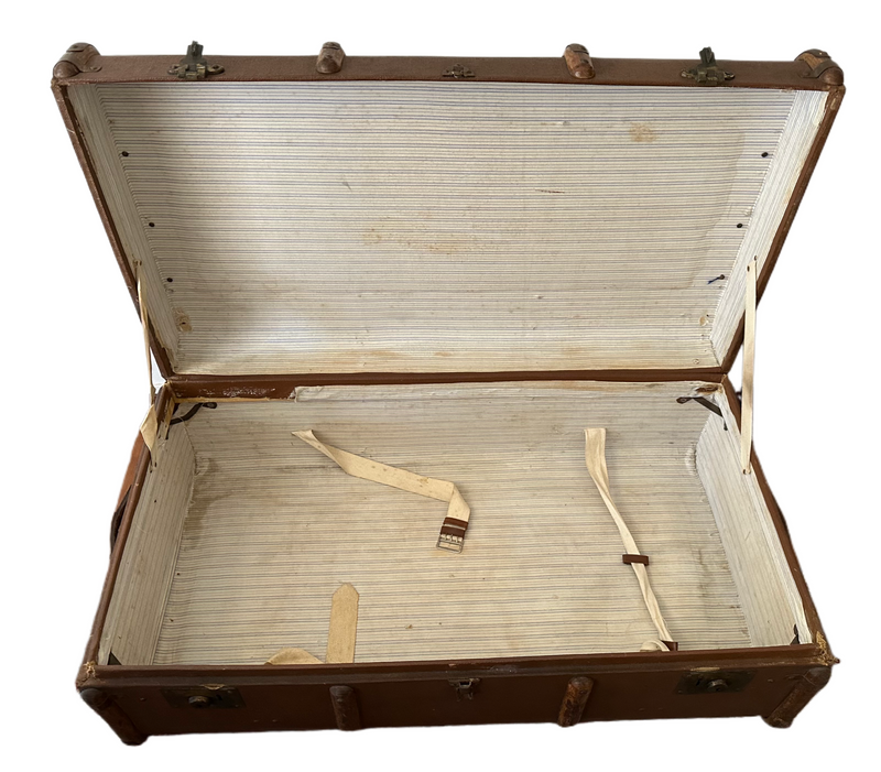 Antique Bentwood Canvas Steamer Trunks with Leather Handles
