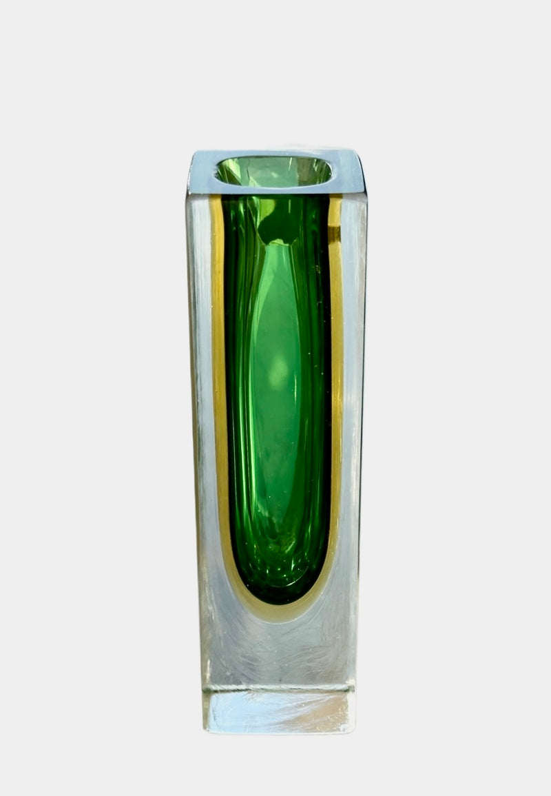 Flavio Poli Green & Yellow Murano Sommerso Block Vase,Seguso Vetri D'Arte part label, 1950s ,1960s ,  Seguso Vetri D'Arte part label