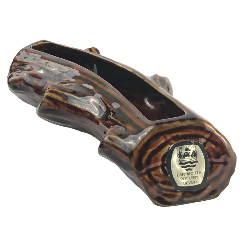Dartmouth Pottery miniature log planter with glossy brown bark detail and original gold and black Devon foil label.