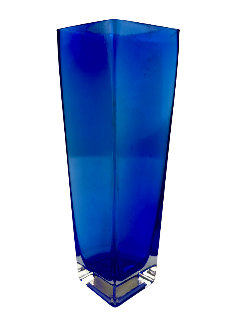 Vintage Finnish cobalt blue cased glass vase, angled view showing its square rim and thick clear glass base.