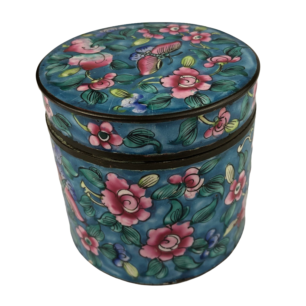 Chinese Canton enamel covered jar with pink flowers, green leaves and a butterfly on a turquoise ground, circa 1900–1930.