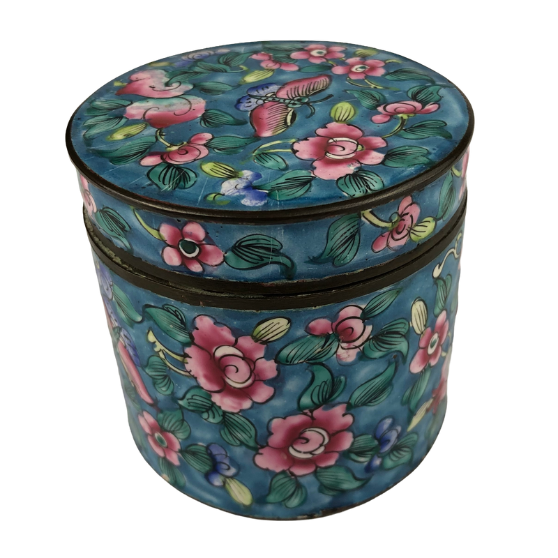 Chinese Canton enamel covered jar with pink flowers, green leaves and a butterfly on a turquoise ground, circa 1900–1930.