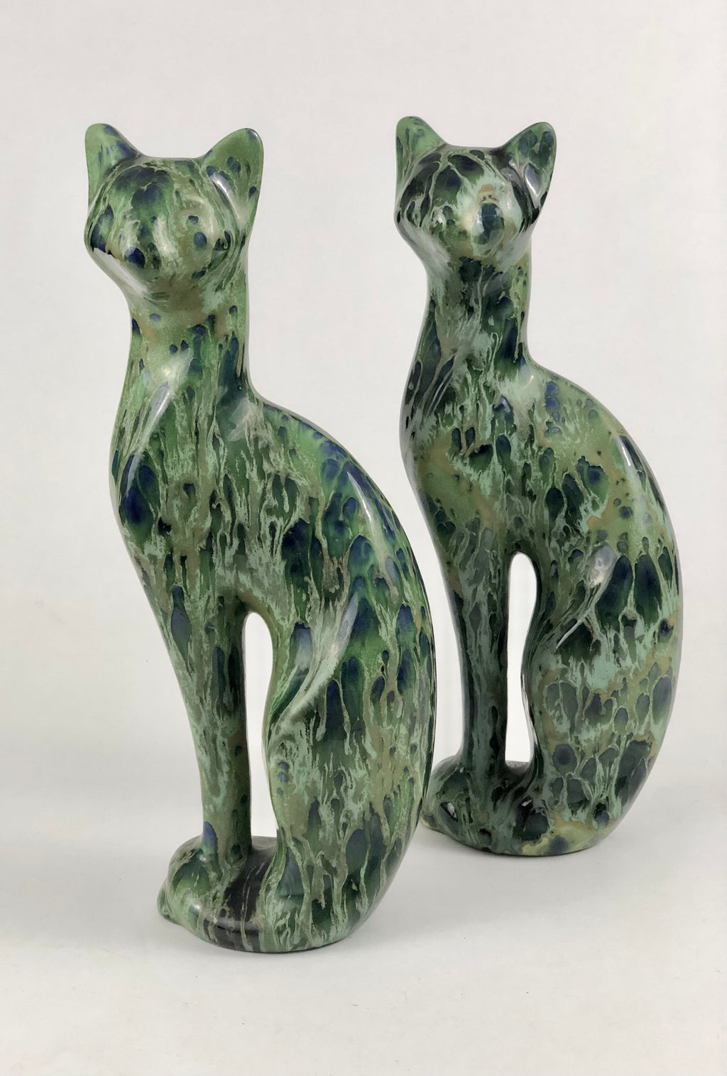Pair of Art Deco Drip-Glaze Ceramic Cats — European Studio Pottery, c.1930s