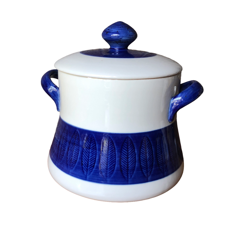 A vintage Rorstrand Koka Blue large casserole dish with a lid, featuring a deep blue glaze and geometric leaf patterns.