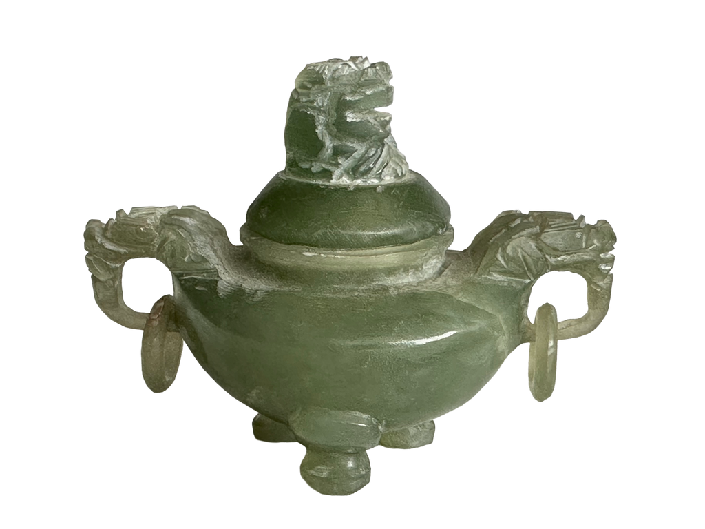 Chinese green jadeite miniature tripod censer with carved beast finial and two loose ring handles, front view.