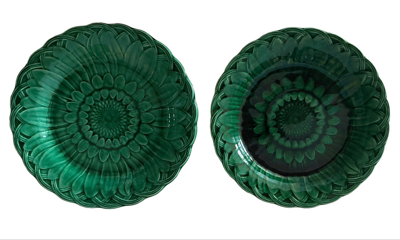 Pair of Victorian Wedgwood green majolica Sunflower plates, 1878 and 1879, deeply moulded with flower heads and basketweave borders