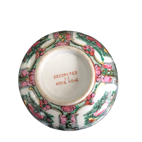Japanese porcelain decorated with auspicious symbols including butterflies , roses and peaches in Hong Kong in the 20th century and are stamped YT.