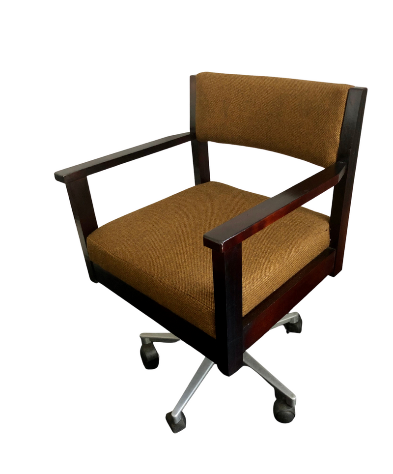 Vintage Mid Century Swivel Desk Chair, Dark Beech Wood Frame upholstered in Mustard Wool