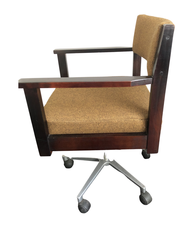 Vintage Mid Century Swivel Desk Chair, Dark Beech Wood Frame upholstered in Mustard Wool