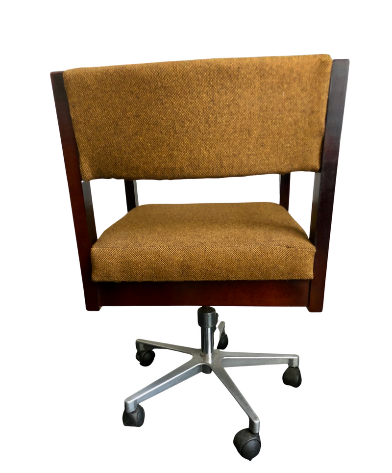 Vintage Mid Century Swivel Desk Chair, Dark Beech Wood Frame upholstered in Mustard Wool