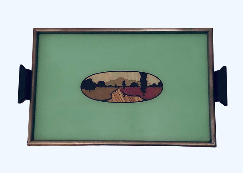 Original Art Deco French Cocktail Tray, Reverse-Painted Glass, Wood Inlay, 1930s