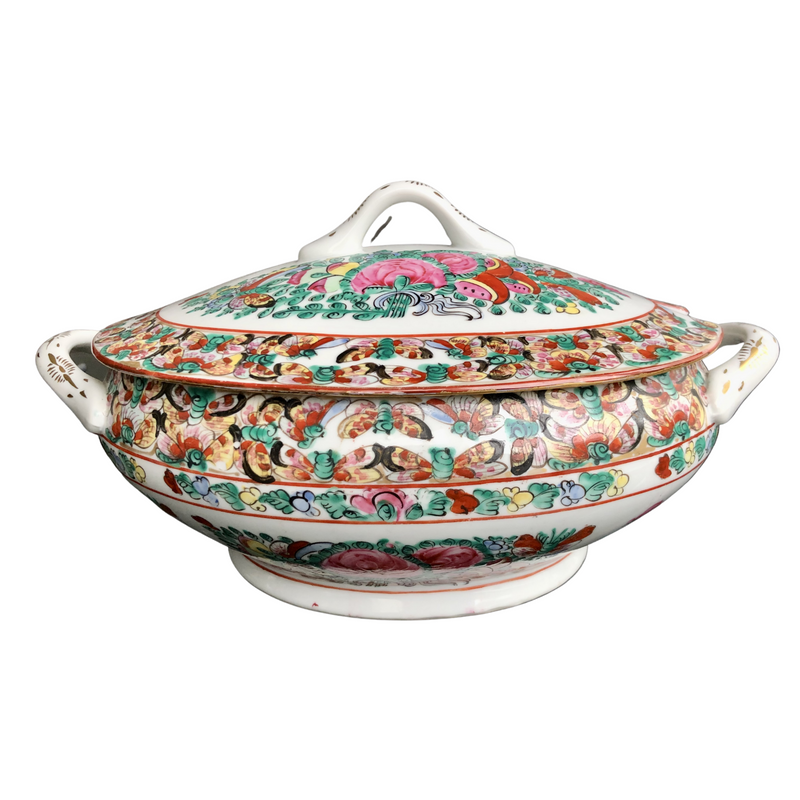 vintage Famille Rose hand-decorated porcelain tureen. Japanese porcelain decorated in Hong Kong with auspicious symbols including butterflies, roses and peaches in the 20th century