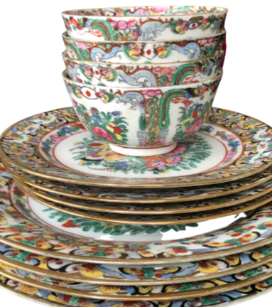 Japanese porcelain decorated with auspicious symbols including butterflies , roses and peaches in Hong Kong in the 20th century and are stamped YT.