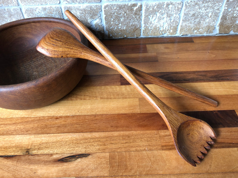 Teak Mid-Century Salad Servers , Vintage Wooden Salad Servers, Teak Salad Servers, Mid-Century Teak Servers