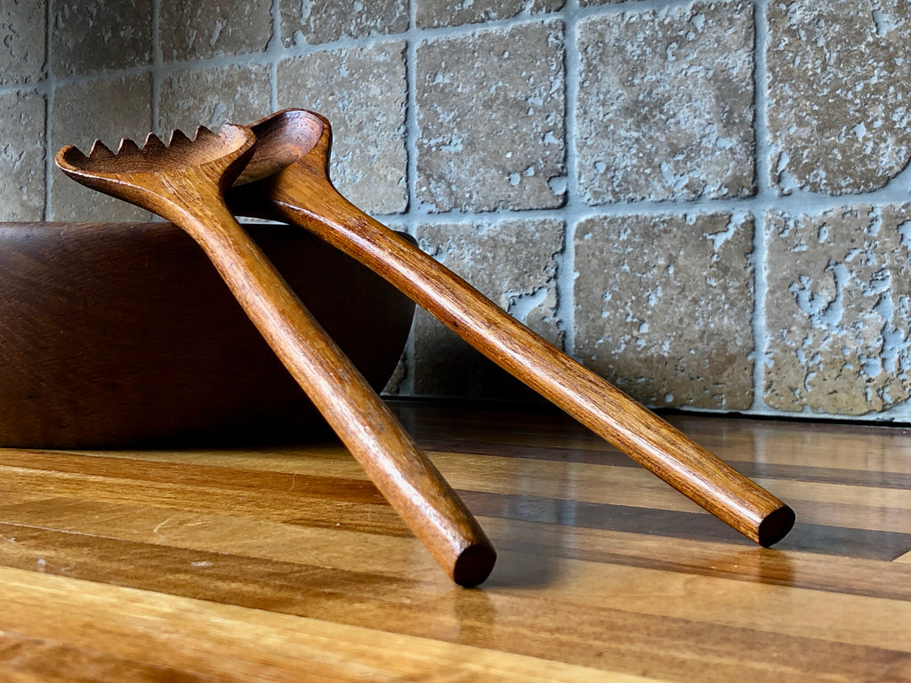 Teak Mid-Century Salad Servers , Vintage Wooden Salad Servers, Teak Salad Servers, Mid-Century Teak Servers