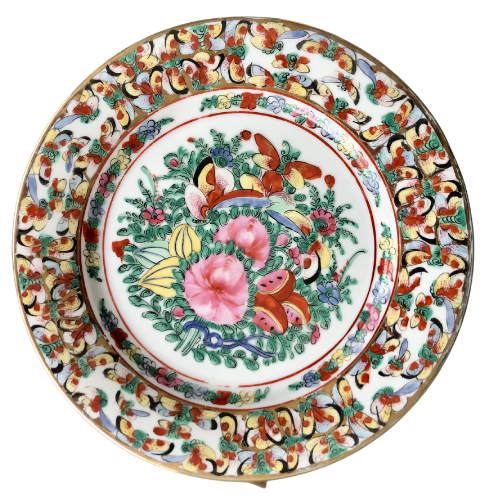 Vintage Famille Rose hand-decorated porcelain dinner plate