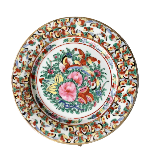 Japanese porcelain decorated with auspicious symbols including butterflies , roses and peaches in Hong Kong in the 20th century and are stamped YT.