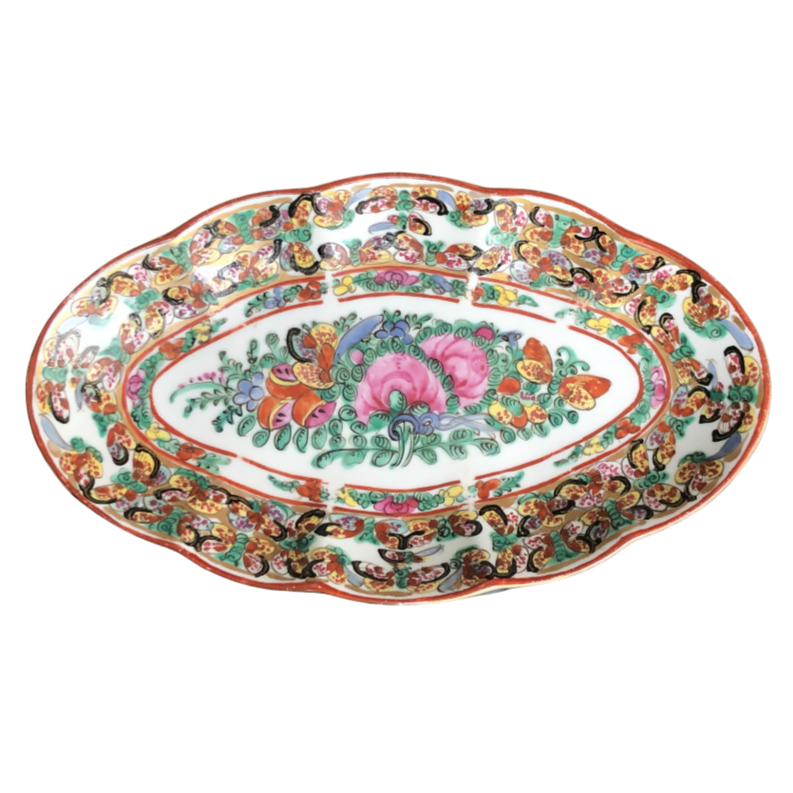 vintage Famille Rose hand-decorated porcelain sauce boat and stand.  Japanese porcelain decorated in Hong Kong with auspicious symbols including butterflies, roses and peaches in the 20th century back stamp YT.