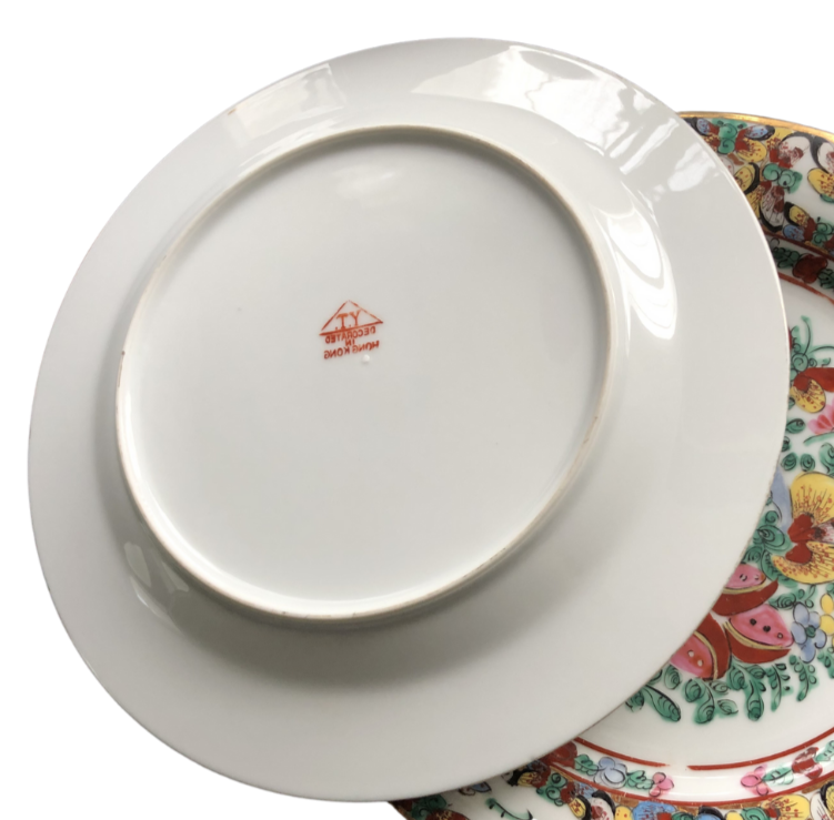 Japanese porcelain decorated with auspicious symbols including butterflies , roses and peaches in Hong Kong in the 20th century and are stamped YT.