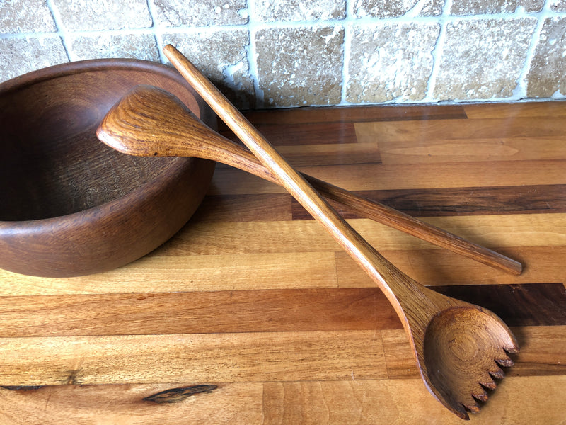 Teak Mid-Century Salad Servers , Vintage Wooden Salad Servers, Teak Salad Servers, Mid-Century Teak Servers
