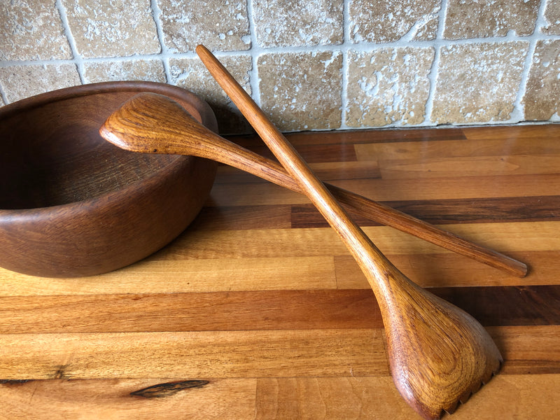 Teak Mid-Century Salad Servers , Vintage Wooden Salad Servers, Teak Salad Servers, Mid-Century Teak Servers