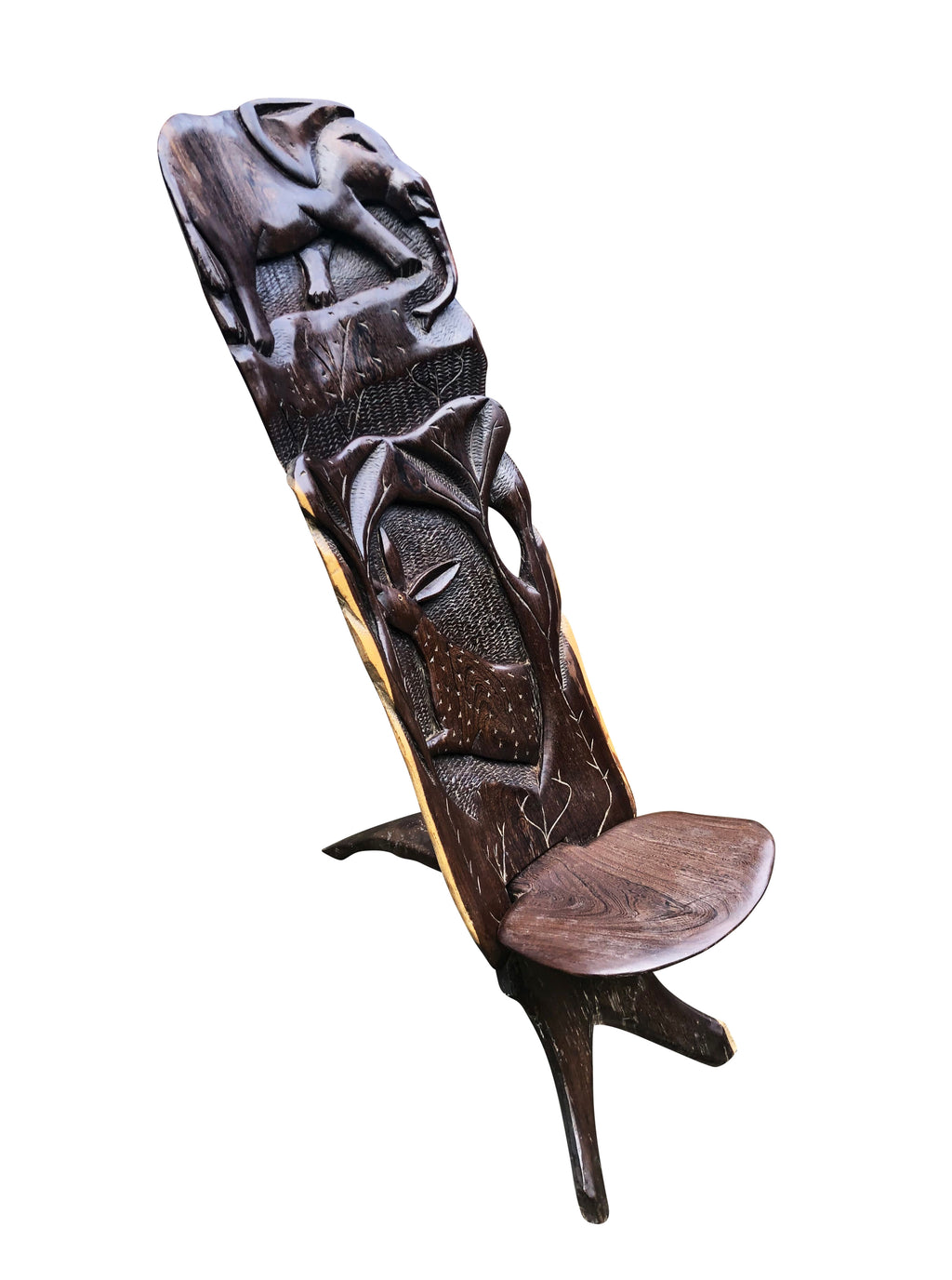 African Palaver Chair, Hand Carved, Elephant and Spotted Deer, 20th Century, African "Birthing Chair"