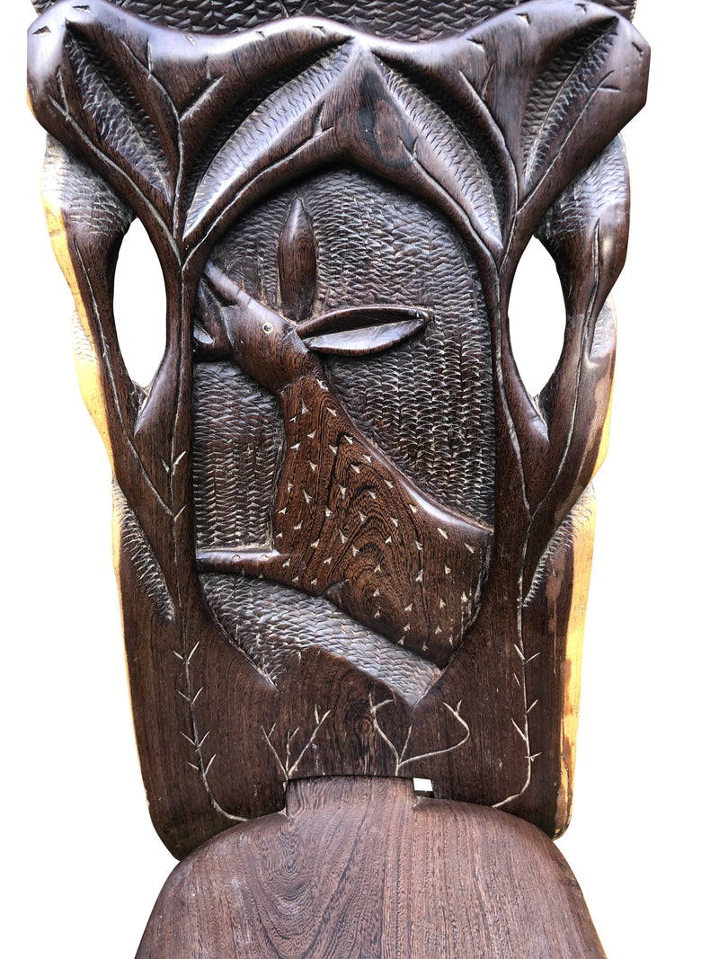 African Palaver Chair, Hand Carved, Elephant and Spotted Deer, 20th Century, African "Birthing Chair"