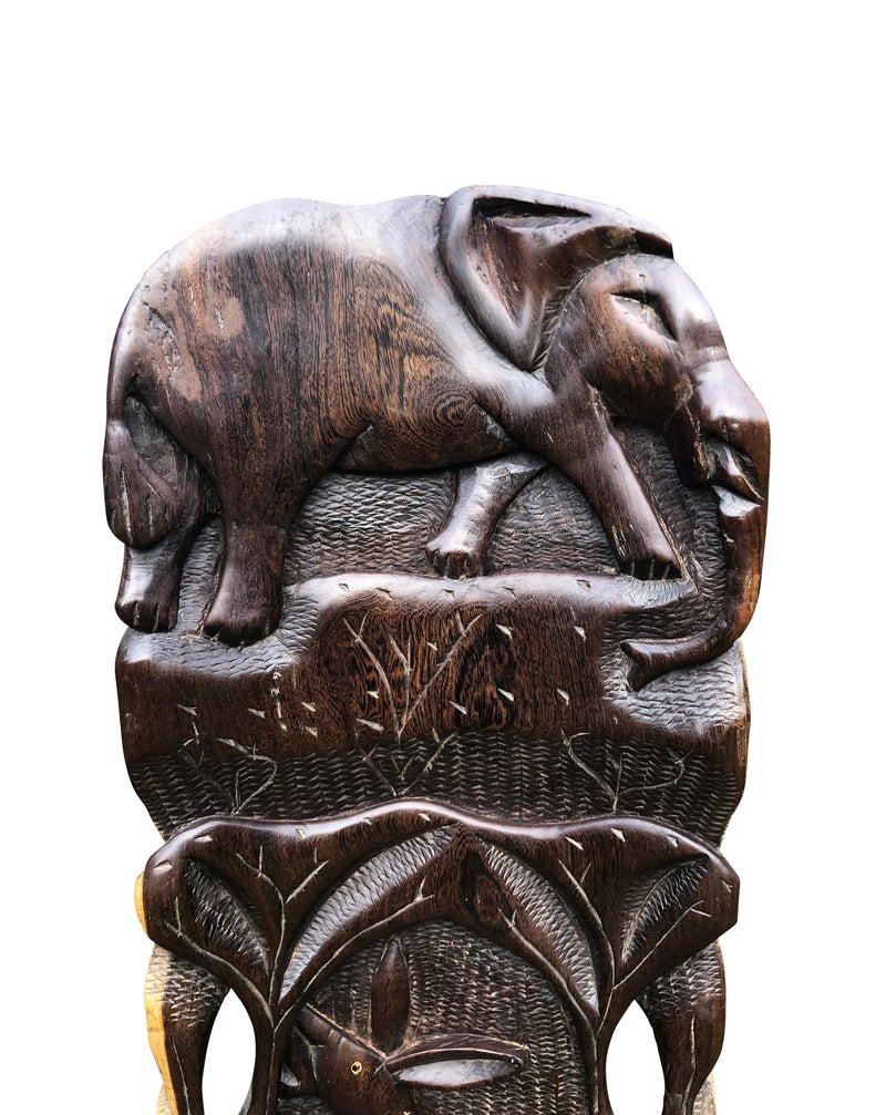 African Palaver Chair, Hand Carved, Elephant and Spotted Deer, 20th Century, African "Birthing Chair"