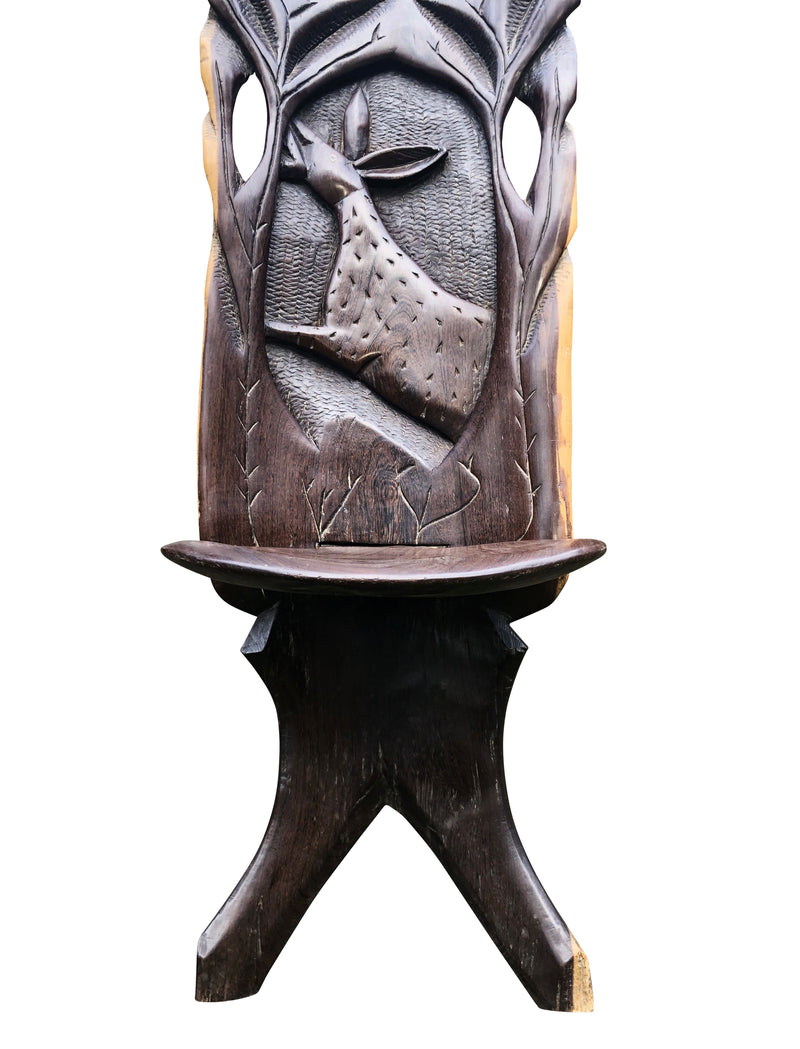 African Palaver Chair, Hand Carved, Elephant and Spotted Deer, 20th Century, African "Birthing Chair"