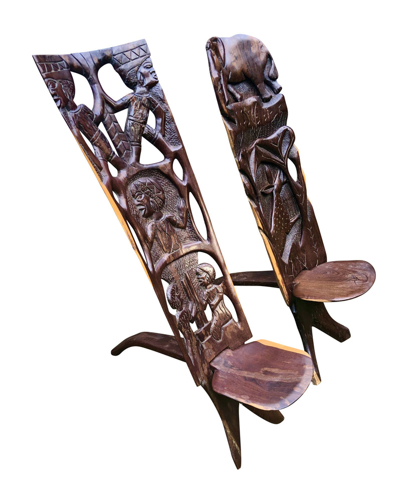 African Palaver Chair, Hand Carved, Elephant and Spotted Deer, 20th Century, African "Birthing Chair"