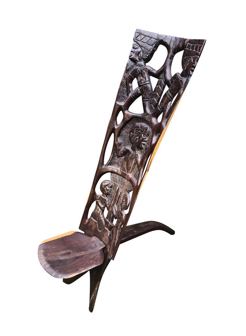 Vintage Traditional African Pierced Hardwood Palaver Chair, African "Birthing Chair"
